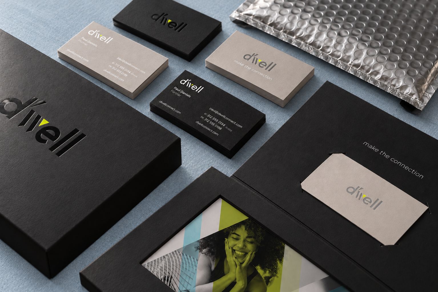 D’well business cards, folders and leasing kit