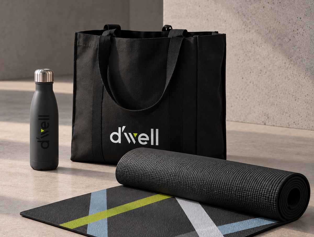 A D’well tote bag, water bottle and yoga mat