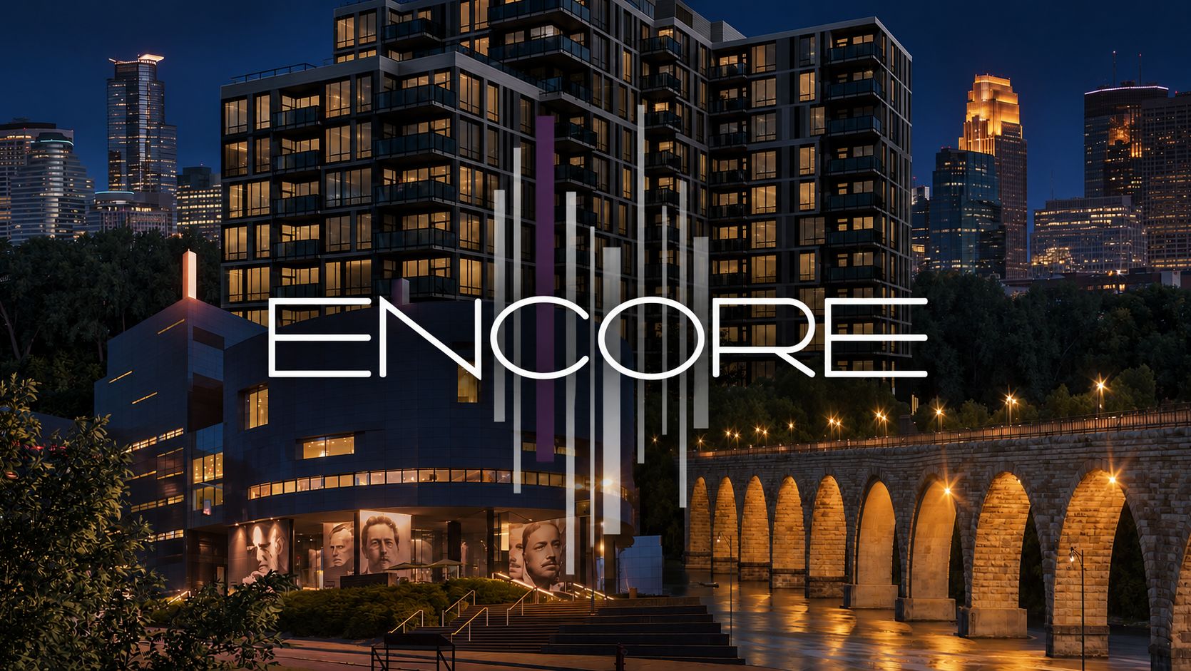 The Encore sign glowing over the Minneapolis riverfront at night