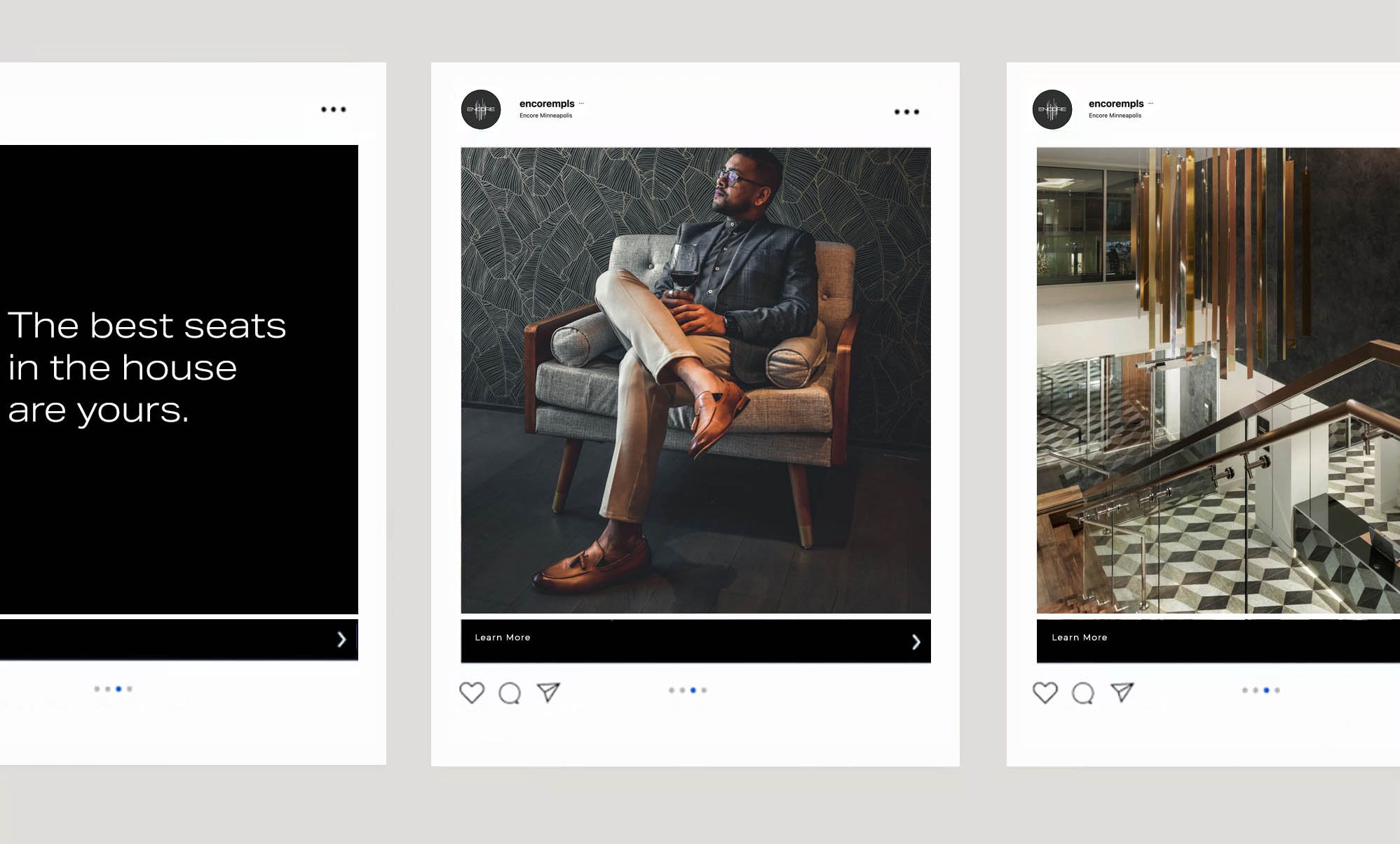 Three Encore social media posts, one reading The best seats in the house are yours