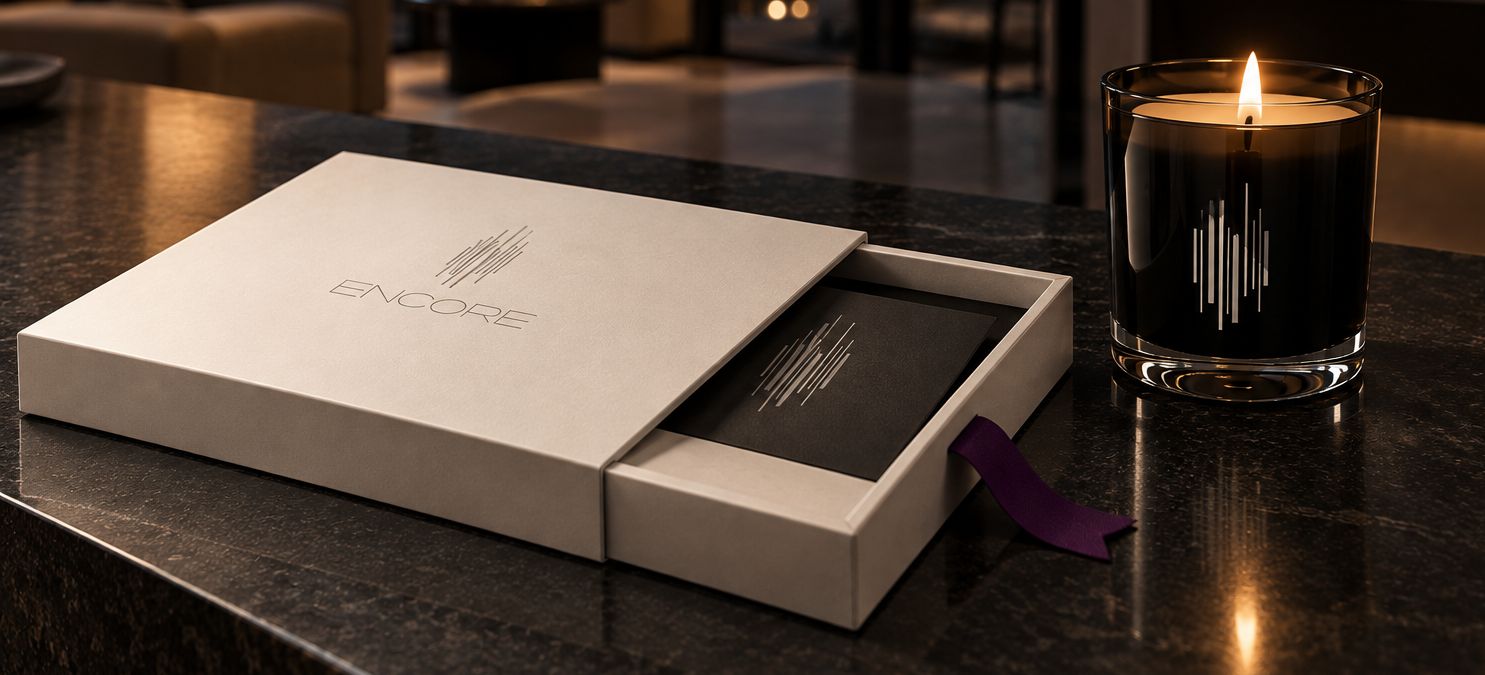 An Encore gift box and candle