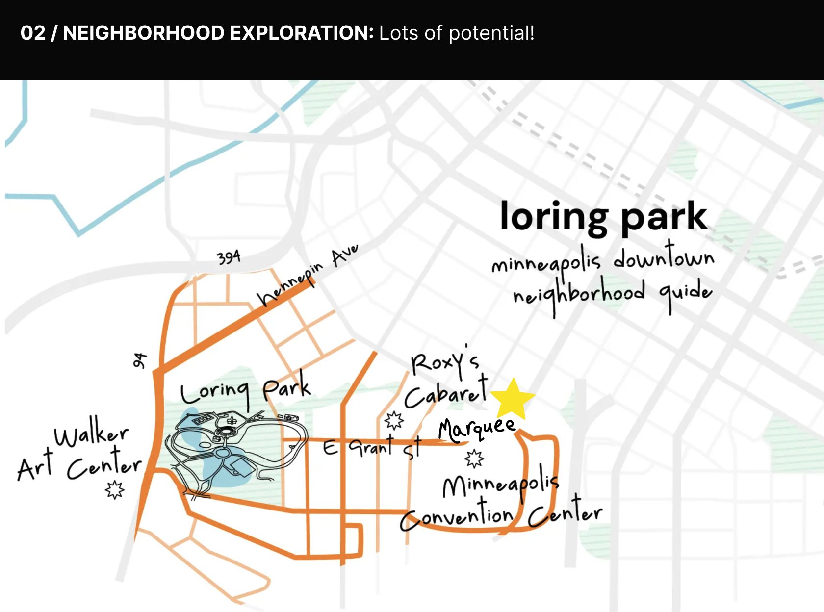 02 / Neighborhood exploration: Lots of potential! A hand-drawn map of Loring Park and downtown Minneapolis.