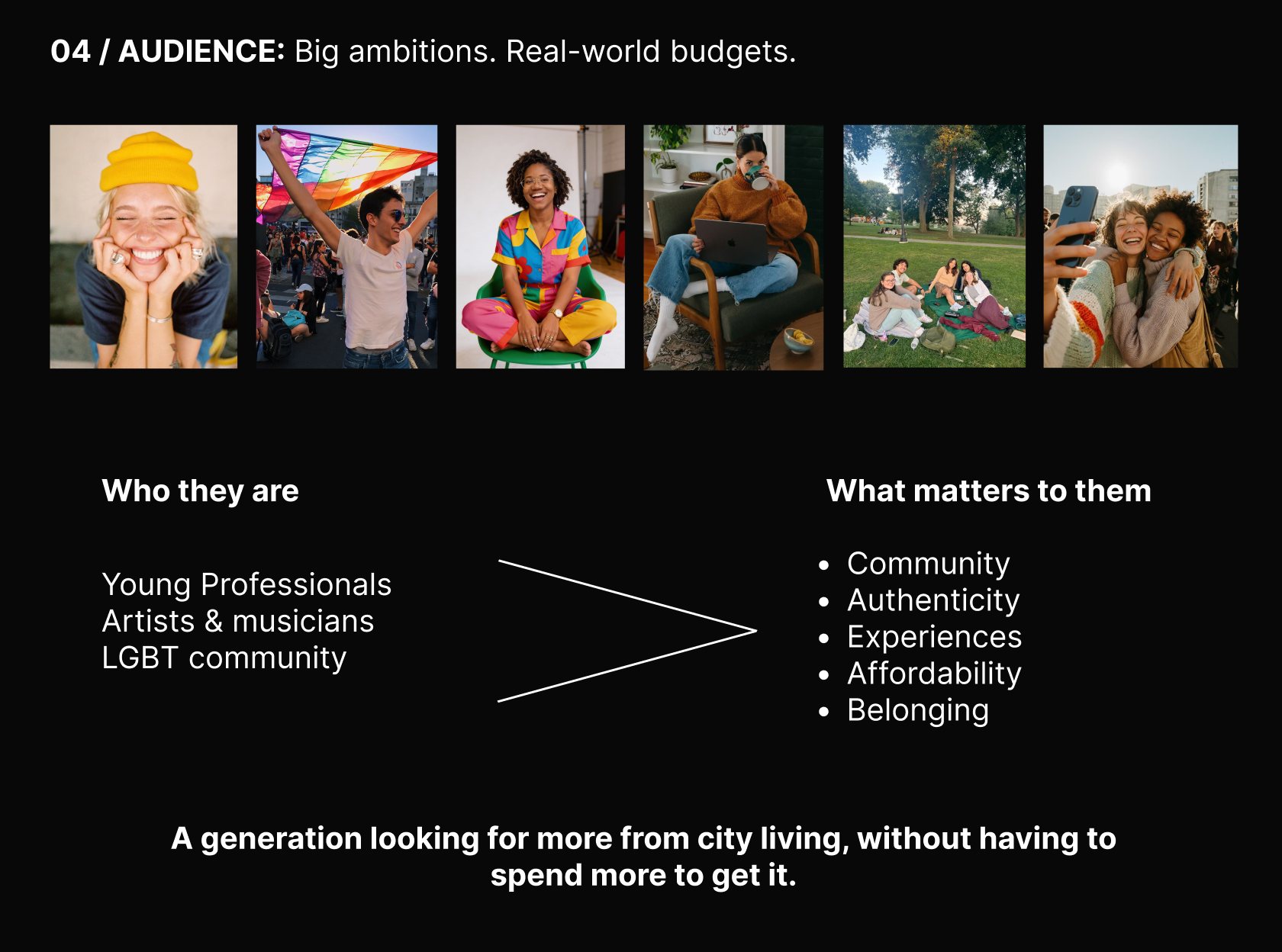 04 / Audience: Big ambitions. Real-world budgets. Who they are: young professionals, artists and musicians, LGBT community. What matters to them: community, authenticity, experiences, affordability, belonging. A generation looking for more from city living, without having to spend more to get it.