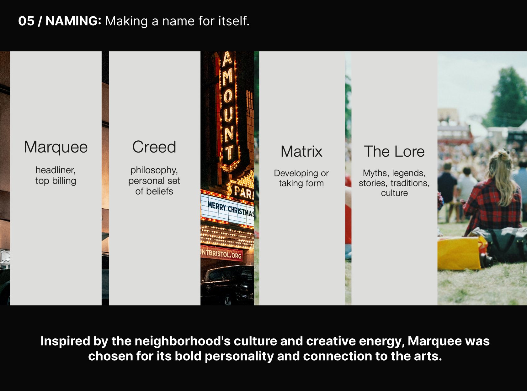 05 / Naming: Making a name for itself. Name options Marquee, Creed, Matrix and The Lore. Inspired by the neighborhood’s culture and creative energy, Marquee was chosen for its bold personality and connection to the arts.