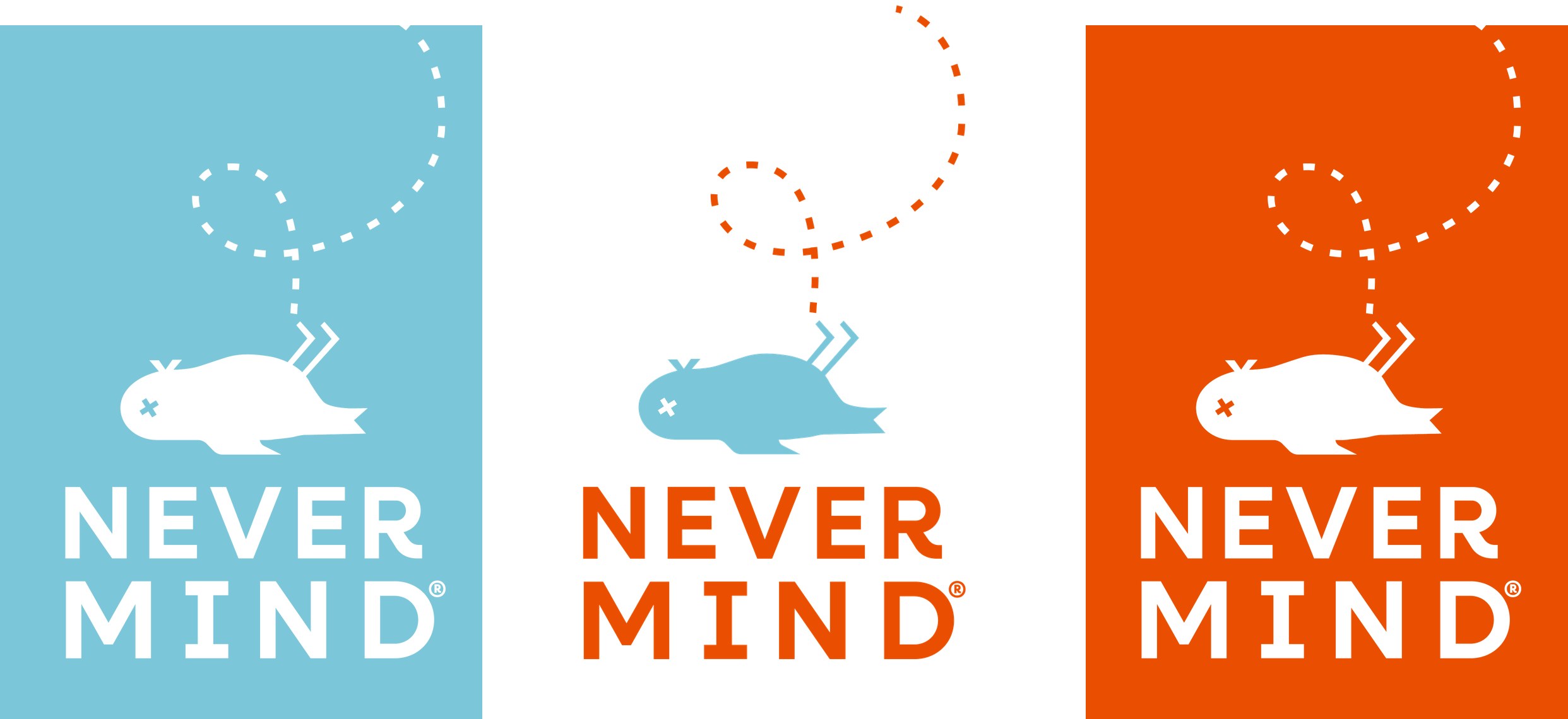 The Never Mind logo, a passed-out bird with a dotted flight trail, in white on blue, in orange on white, and in white on orange