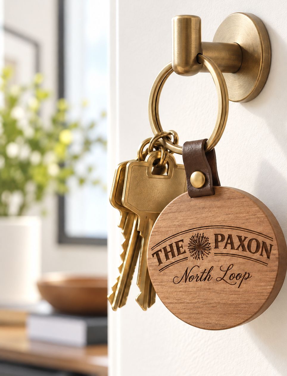 A wooden The Paxon key ring
