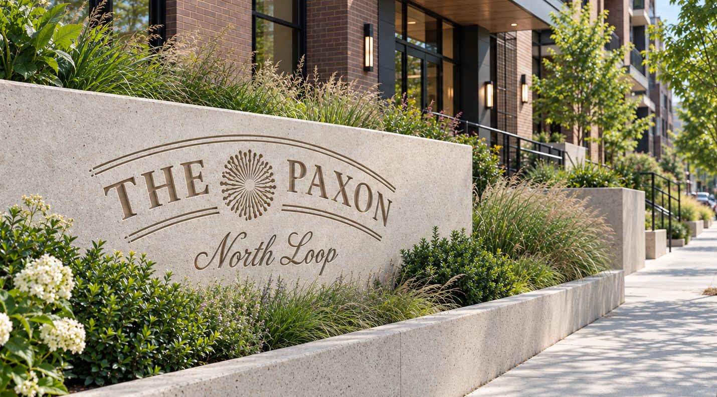 The Paxon monument sign beside a garden path