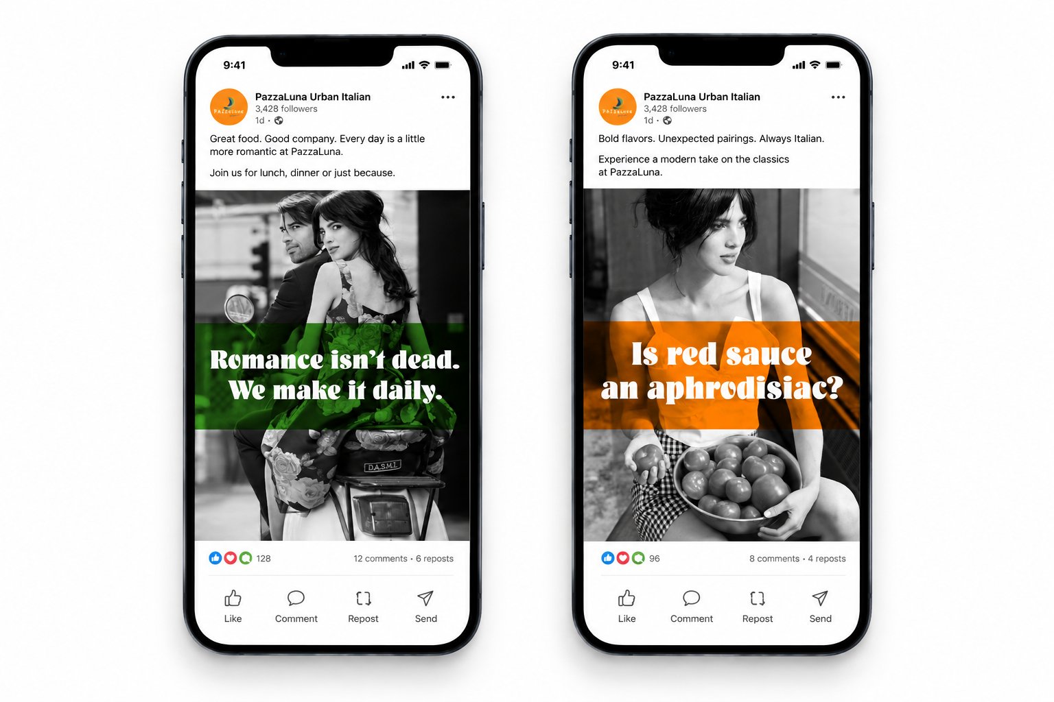 Two Pazzaluna social posts on phones: Romance isn’t dead. We make it daily. And: Is red sauce an aphrodisiac?