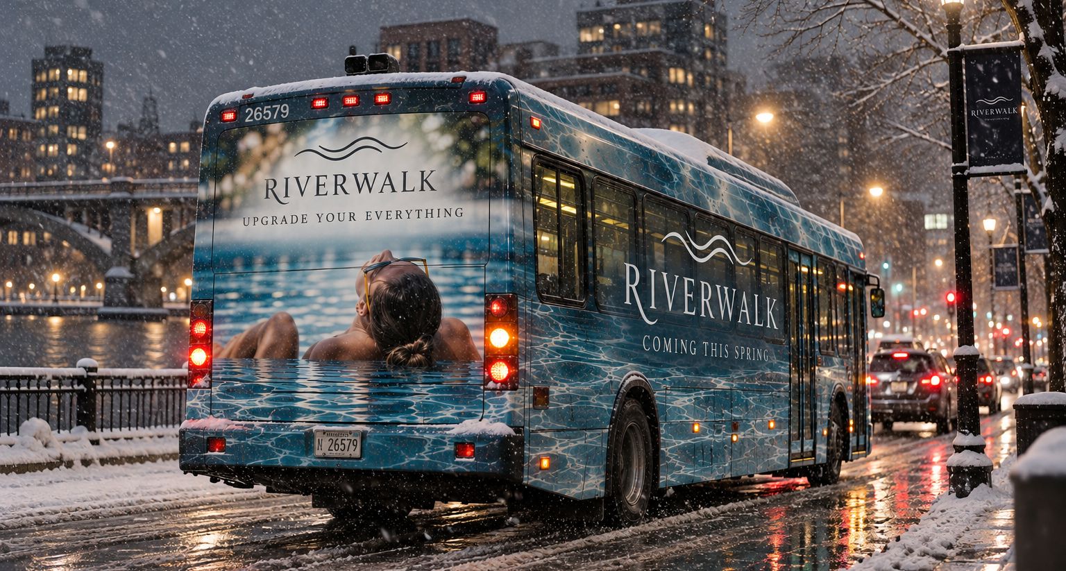 A Riverwalk bus wrap on a snowy downtown street at night