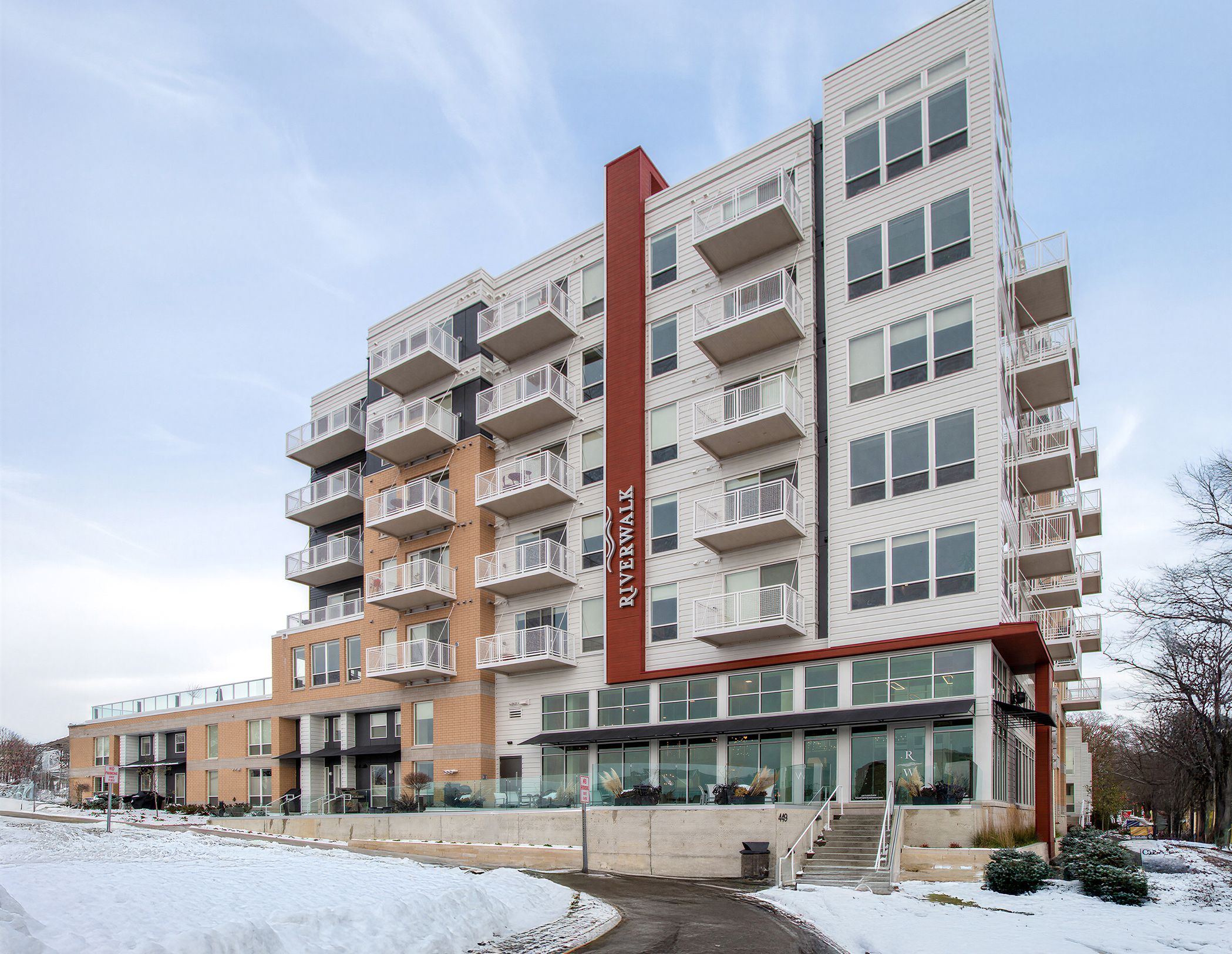 The Riverwalk apartment building in winter