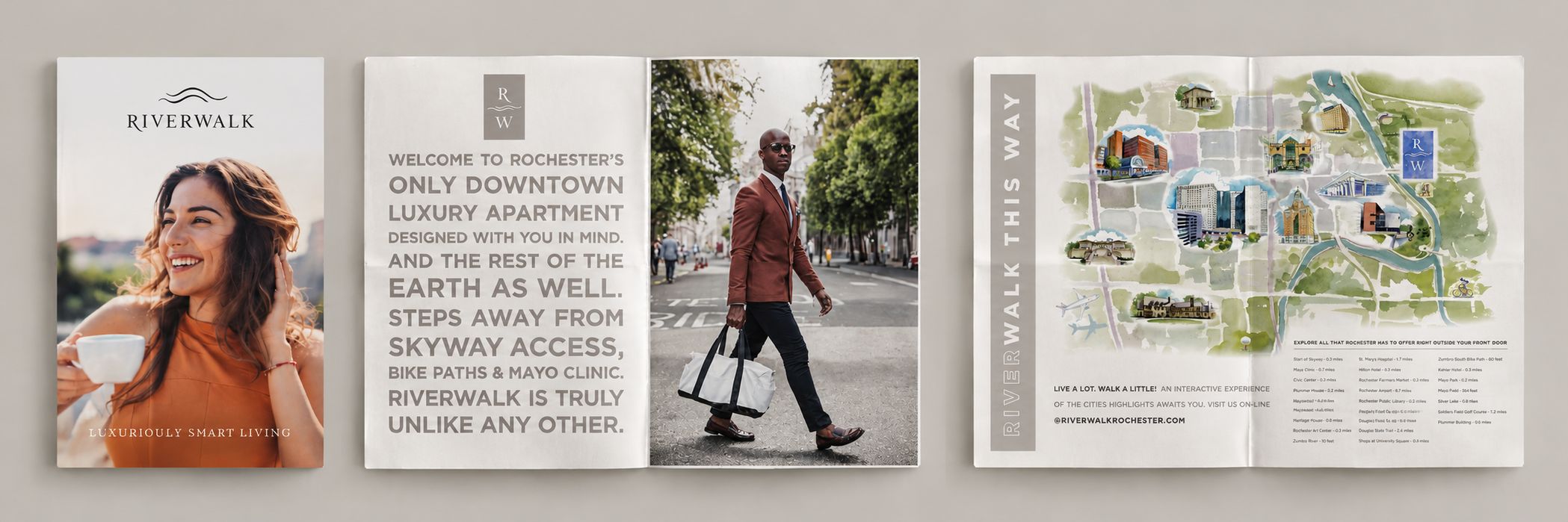 A Riverwalk mailer with an illustrated neighborhood map