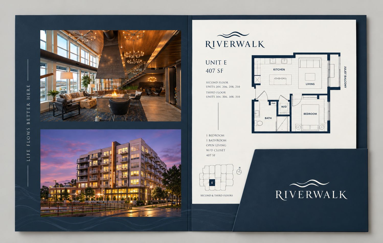 A Riverwalk leasing folder with a floor plan