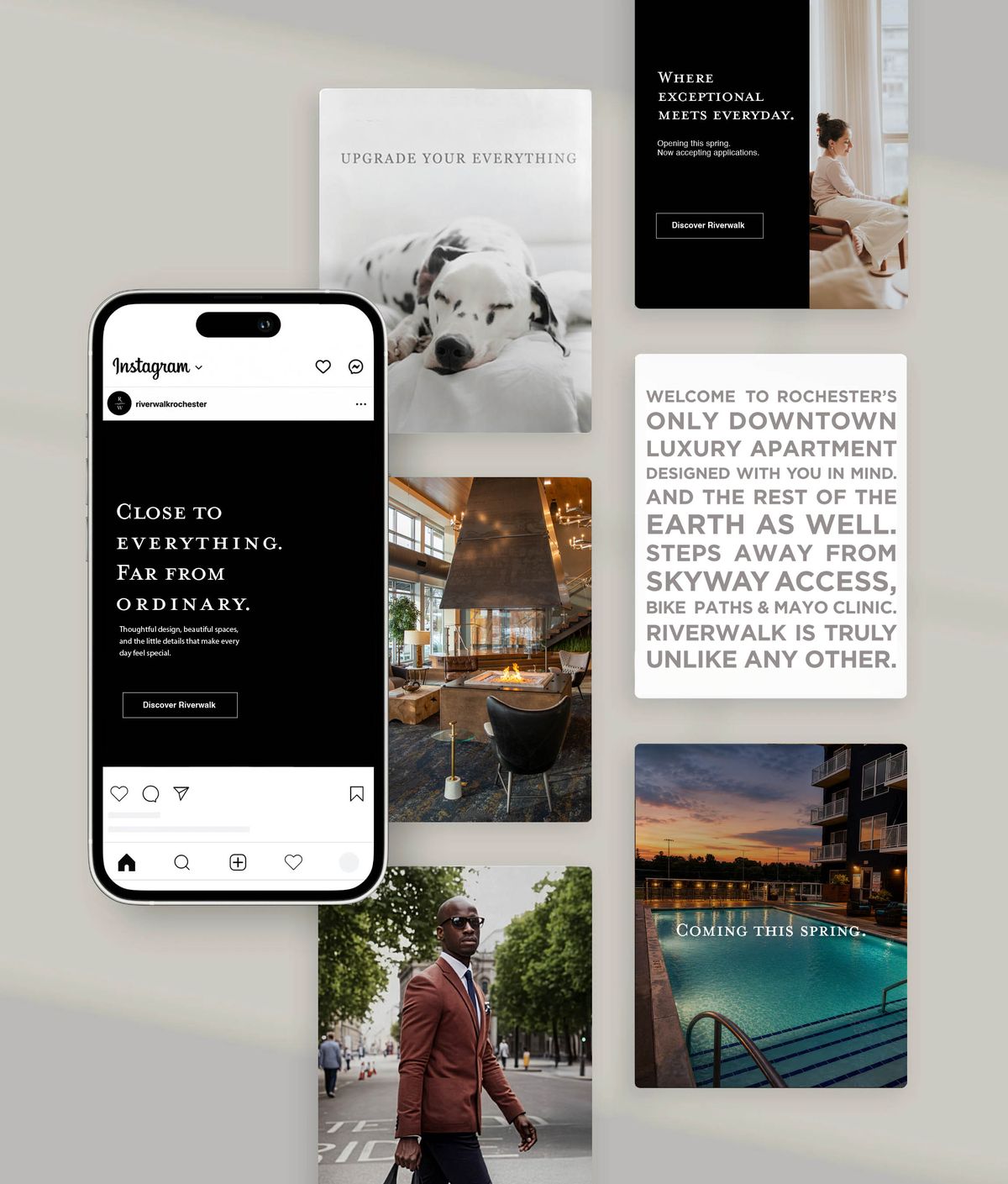 Riverwalk social media posts on a phone and in a grid