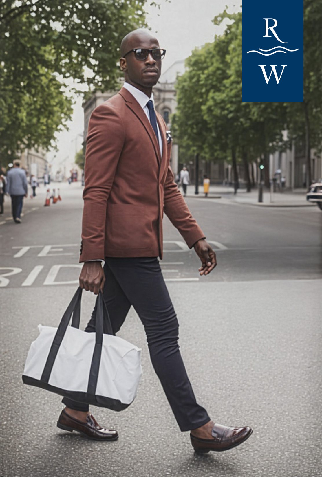 A man walking downtown with a tote bag, with the Riverwalk logo