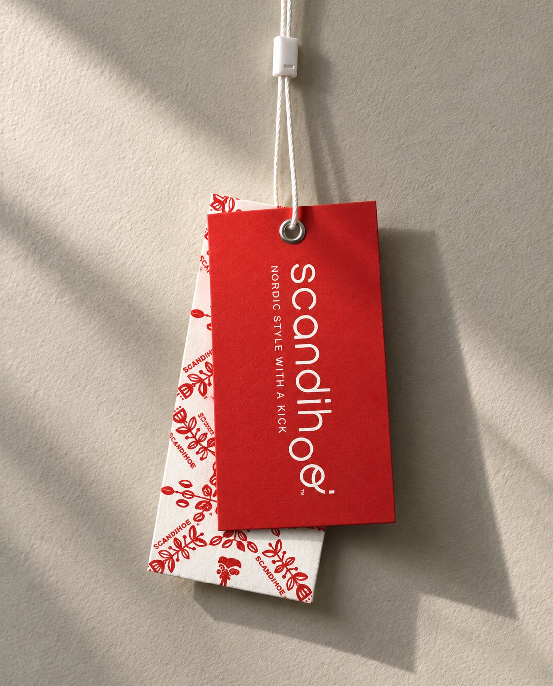 A red Scandihoo hang tag over a patterned tag, hanging on a string