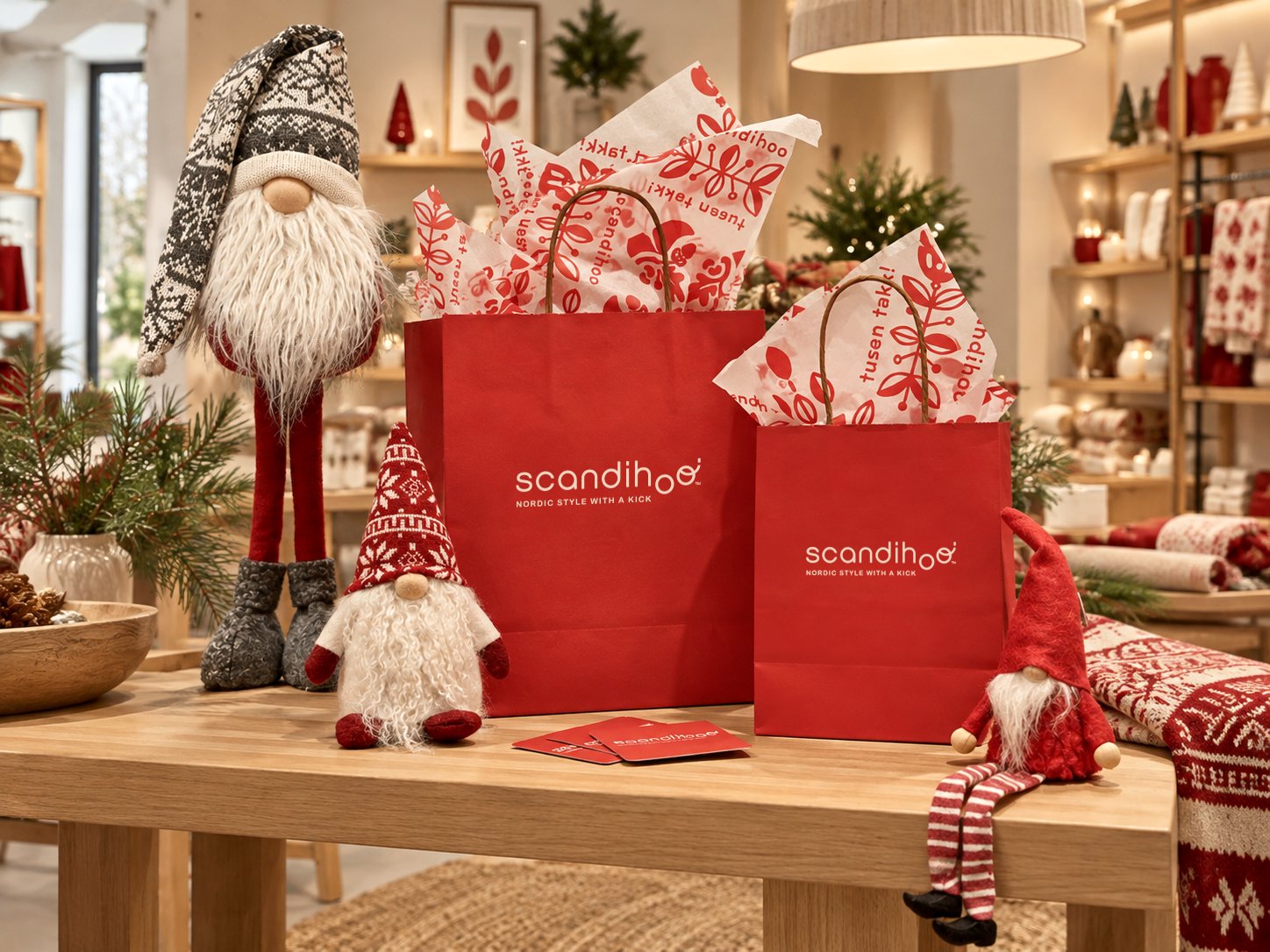 Red Scandihoo shopping bags with patterned tissue paper on a wooden table in the shop, surrounded by knitted gnomes