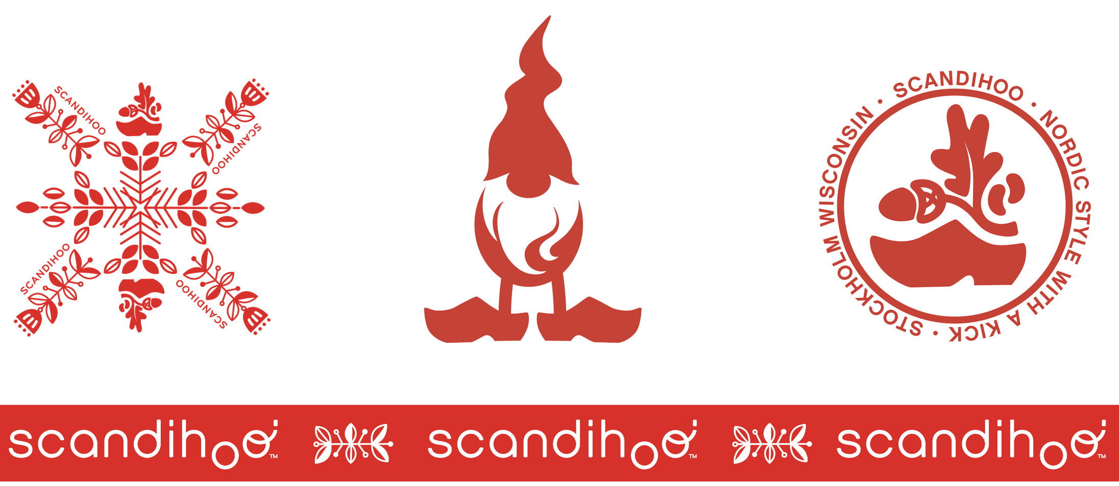 Scandihoo illustrations: a folk-art snowflake pattern, Norman the gnome in clogs, and a round badge reading Scandihoo, Nordic style with a kick, Stockholm Wisconsin, above a red strip repeating the Scandihoo logo
