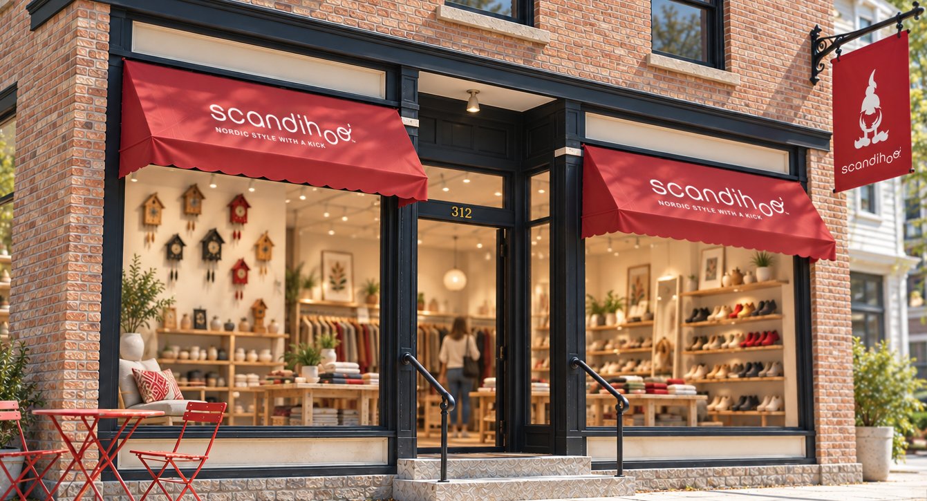 The Scandihoo storefront with red awnings, cuckoo clocks in the window and a hanging gnome sign