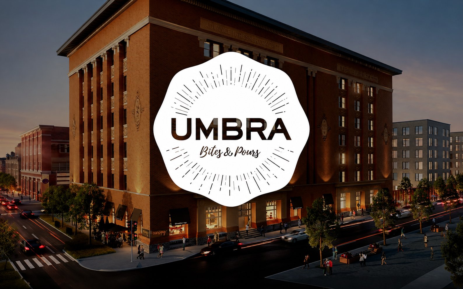 The Canopy by Hilton building at dusk, with the round Umbra Bites & Pours logo