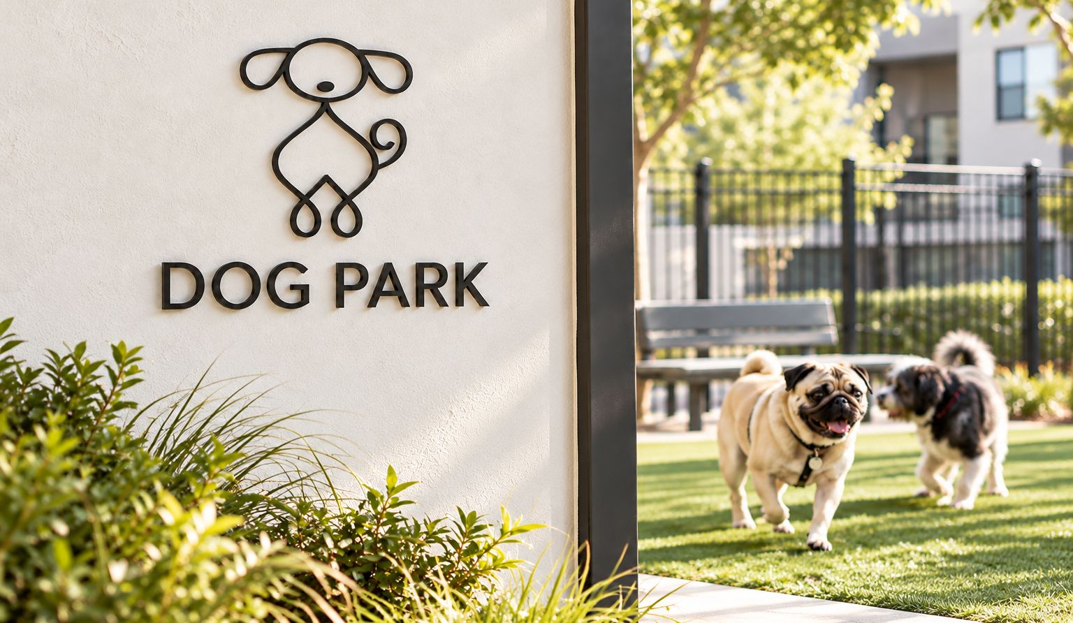 A dog park sign with The Vicinity dog icon, and two pugs on the lawn