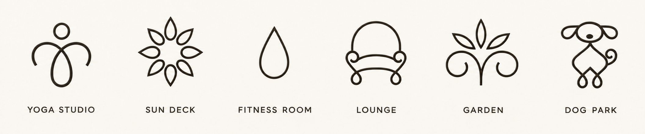 The Vicinity amenity icons: yoga studio, sun deck, fitness room, lounge, garden and dog park